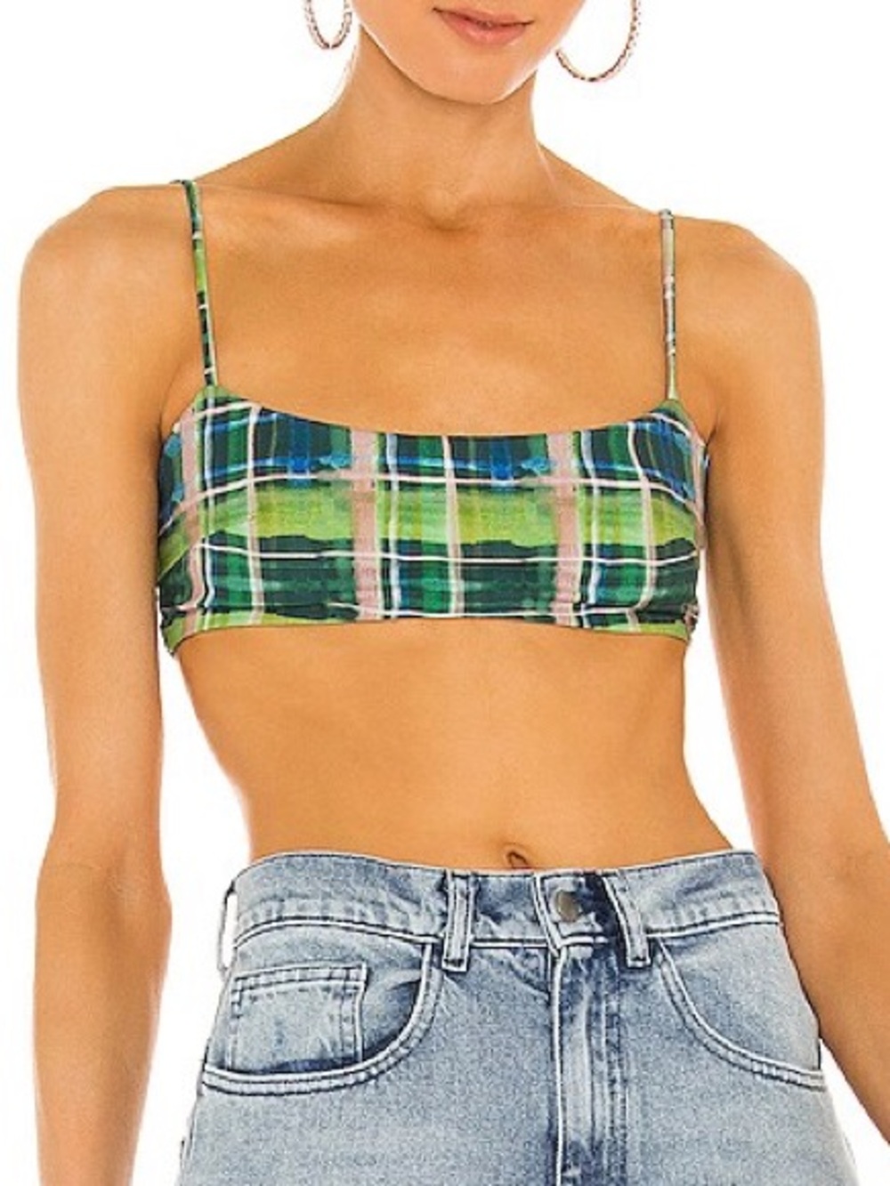 GUIZIO Plaid Bralette Top in Deep Green